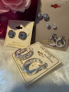 Silver Hoop Earrings Set with Blue Accent Studs #7